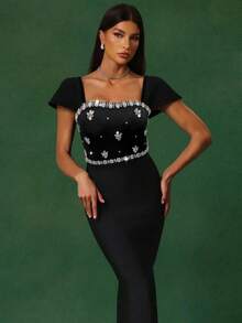 ASANDY 女士镶钻方领荷叶袖修身黑色连衣裙，闪亮晚礼服，展现迷人魅力 - 黑色 - 查看 3