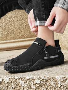 2025春夏新款男士透气麂皮和猪皮增高运动鞋，耐穿高帮厚底减震防滑休闲一脚蹬乐福鞋，适合所有季节 - 黑色 - 查看 6