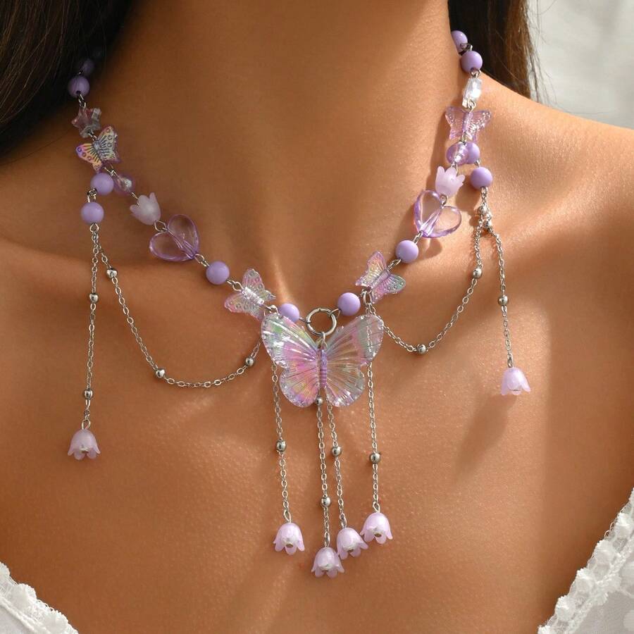 1pc Butterfly Tassel Collarbones Chain, Countryside Style Floral Beaded Necklace - Butterfly Necklace - View 1