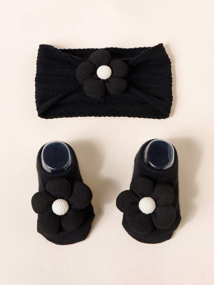 Baby weiche atmungsaktive süße Blumen Jacquard Elastik Stirnband & rutschfeste Beinstulpen Set, Valentinstag Haaraccessoire Set - Verschiedenfarbig - Übersicht 1