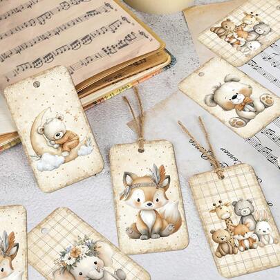 50个可爱动物纸质礼品标签，配麻绳 - 复古卡通主题节日悬挂标签，适用于礼品包装、礼品袋和礼盒，是生日、婚礼、周年纪念日和派对装饰的完美之选。