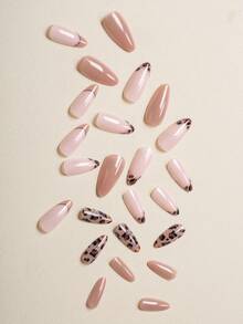 24Pcs Nude Pink Leopard Press On Nails, Oval Fake Nails, Minimalist Leopard Pattern, Sweet Edgy Style, Perfect For Daily Casual & Brunch Looks, Easy To Apply Nail Supplies - Multicolor - View 3