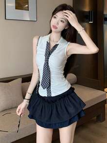 Y6Y 女士高腰短裙，藏蓝色，春季款 - 藏蓝色 - 查看 6