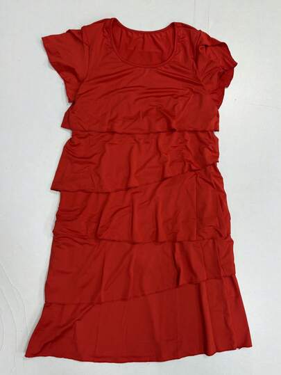 女士宽松修身分层荷叶边短袖连衣裙，春夏季时尚中长连衣裙