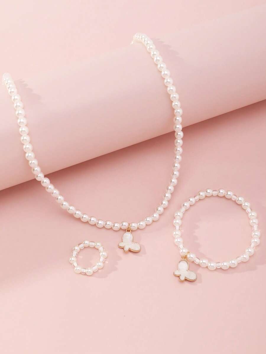 3pcs/Set Fashionable Faux Pearl Beaded Butterfly Pendant Necklace, Ring, Bracelet Jewelry Set, Cute & For Teens - Multicolor - View 1