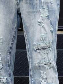 Men's Flared Jeans, Slim Fit Distressed Flare Leg Jeans, Y2K Stacked Jeans, Contrast Wash Embroidered Jeans, Suitable For All Seasons - Baby Blue - View 7