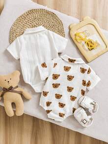 3件套夏季新款男婴POLO领胸袋小熊格子印花短袖连体衣套装 - 彩色 - 查看 3