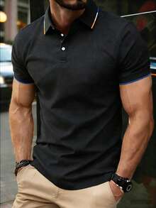 男士夏季Polo衫，时尚短袖，轻便商务休闲上衣 - 黑色 - 查看 7