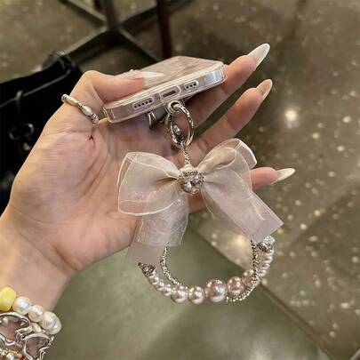 韩版ins风水钻爱心网纱蝴蝶结串珠手机挂绳，甜美精致高品质包包挂饰