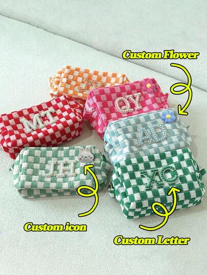 1 chiếc túi đựng mỹ phẩm kẻ caro cá nhân hóa, túi đựng phụ kiện tùy chỉnh, túi nhỏ kẻ caro theo yêu cầu, túi đựng mỹ phẩm in chữ cái đầu, quà tặng cho phù dâu, quà tặng tiệc độc thân, quà tặng du lịch, quà tặng tiệc tùng, túi phong cách retro.