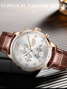 LIGE Men's Business Casual Watch Classic Three-Eye Clock Style Quartz Watch Waterproof Date Fashion Daily Wear, Gift Watch For Friends - Brown - View 9