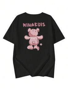 Women's Casual Round Neck Loose Letter & Cartoon Bear Print Short Sleeve T-Shirt, Spring/Summer - Black - View 4