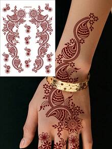 1pc Brown Henna Tattoo Stickers For Hand Waterproof Temporary Tattoos For Women Fower Fake Tattoo For Festival Wedding Body Art - Burgundy - View 1