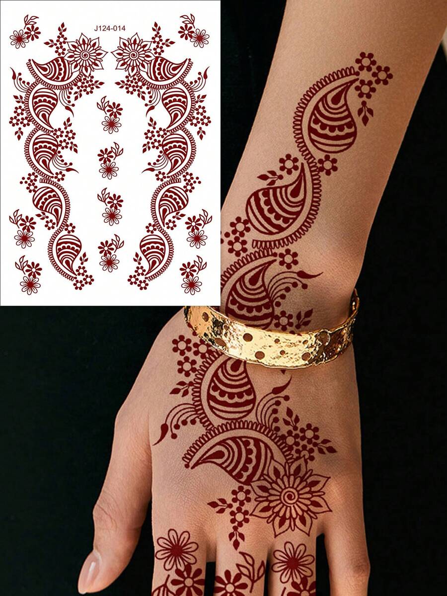 1pc Brown Henna Tattoo Stickers For Hand Waterproof Temporary Tattoos For Women Fower Fake Tattoo For Festival Wedding Body Art - Burgundy - View 1