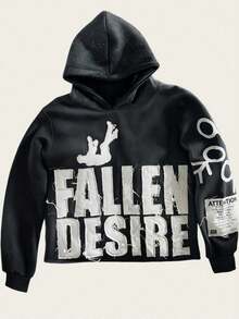 FALLEN DESIRE Graphic Hoodie Men Women Casual Embroidered Letter Sweatshirt Autumn And Winter Couple's Top Y2k Hoodie Tracksuit Pullover Sweatshirt - 黑色 - 查看 4