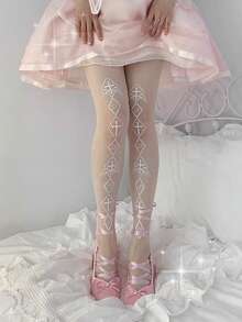 女士洛丽塔风格印花连裤袜，休闲、舒适、简约、可爱、甜美，春夏款 - 彩色 - 查看 7