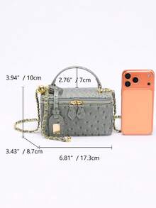 1个时尚PU绗缝菱形刺绣盒形包，多功能拉链小方包，女士手提包配链条肩带 - 煙灰色 - 查看 3