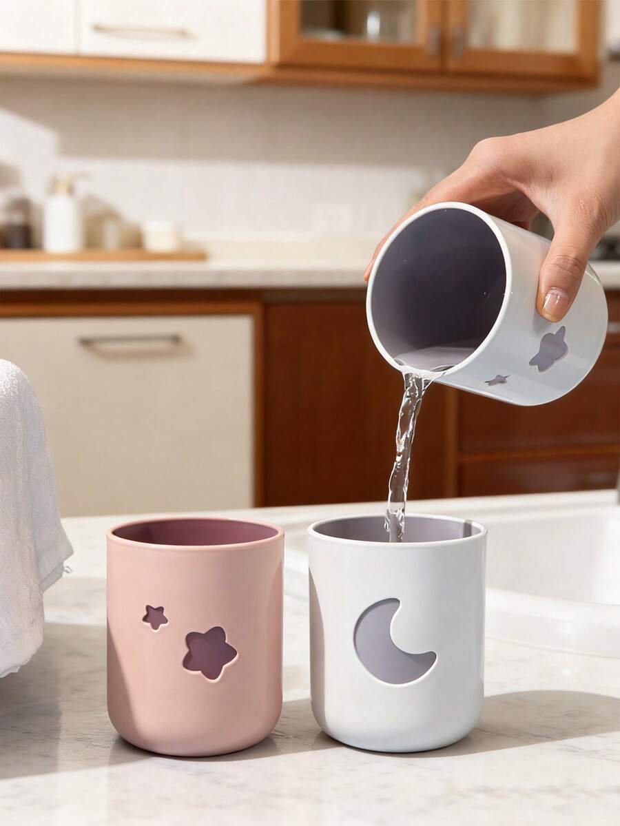 2pcs/Set Pink & White Star & Moon Theme Couple Bathroom Cup Set, Toothbrush Toothpaste Storage Cup, Rinse Cup With Moon & Star Design - Multicolor - View 1