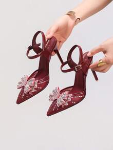 时尚水钻蝴蝶结高跟鞋，性感尖头晚宴派对鞋，精致宴会舞会细高跟鞋，酒红色 - 酒紅色 - 查看 5