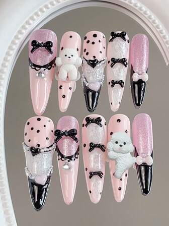 10pcs Handmade Press-On Nail Stickers, Pointed Nail Stickers, Polka Dot Nail Stickers, French Manicure Nail Stickers, Pink Nails, Cute Nails, Pink French Manicure With Shiny Cat Eye, Hand-Painted Black Lace Ribbon And Black Bow Accent, Pink Nail Base With Hand-Painted Black Polka Dots And 3D Cute Puppy Decor