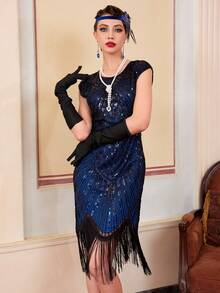 女士复古流苏连衣裙，1920年代《了不起的盖茨比》风格，亮片流苏装饰，搭配20年代配饰套装，尽显20年代复古风情。 - 藍色 - 查看 4