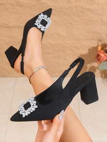 Nuevas sandalias de mujer con hebilla de rhinestone para el verano, estilo francés de punta cerrada con tacón grueso y puntiagudo, de fácil deslizamiento - Negro - Ver 1
