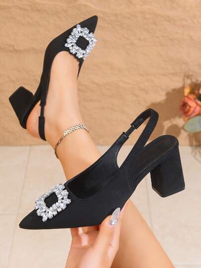 New Summer Women's Rhinestone Buckle Sandals, French Style Closed Toe Chunky Heels Pointed Toe Slip-On Shoes