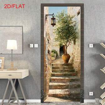 2D门旗，1个梯子艺术印花——逼真的石墙和木阶设计，耐用涤纶材质，适合室内/室外使用，无需用电，易于悬挂，非常适合客厅、卧室、办公室装饰、楼梯装饰。适合各种季节，多种款式和尺寸可供选择。