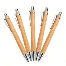 12pcs Bamboo Creative & Fashionable Pen Clips, Push-Button Bamboo & Wood Ballpoint Pens, Portable For Office & Signing - Black - View 2