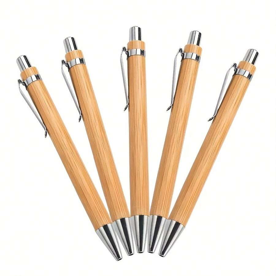 12pcs Bamboo Creative & Fashionable Pen Clips, Push-Button Bamboo & Wood Ballpoint Pens, Portable For Office & Signing