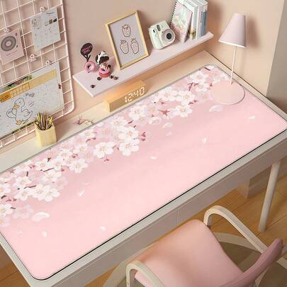 1 pieza Alfombrilla de ratón suave y linda con diseño de flor de cerezo, fondo rosa delicado y femenino, gran tapete de escritorio antideslizante para decoración de oficina y teclado