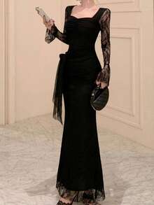 Women's Elegant Fitted Black Lace Patchwork Vintage Style Formal Dress, Suitable For Spring/Summer, Birthday Party, Ball Wedding - Black - View 7