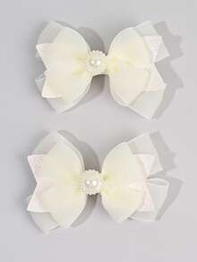 2pcs Solid Color White Hair Bows For Girls,Mesh Glitter Pearl Decor Hair Clips For Kids,Fashion Pearl Hair Accessories For Toddlers Gifts - White - View 1