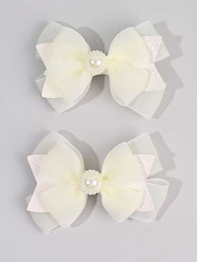 2 st enfärgade vita hårrosetter för flickor, hårspännen med nätglitter och pärldekor för barn, moderiktiga pärlhåraccessoarer för småbarn, presenter