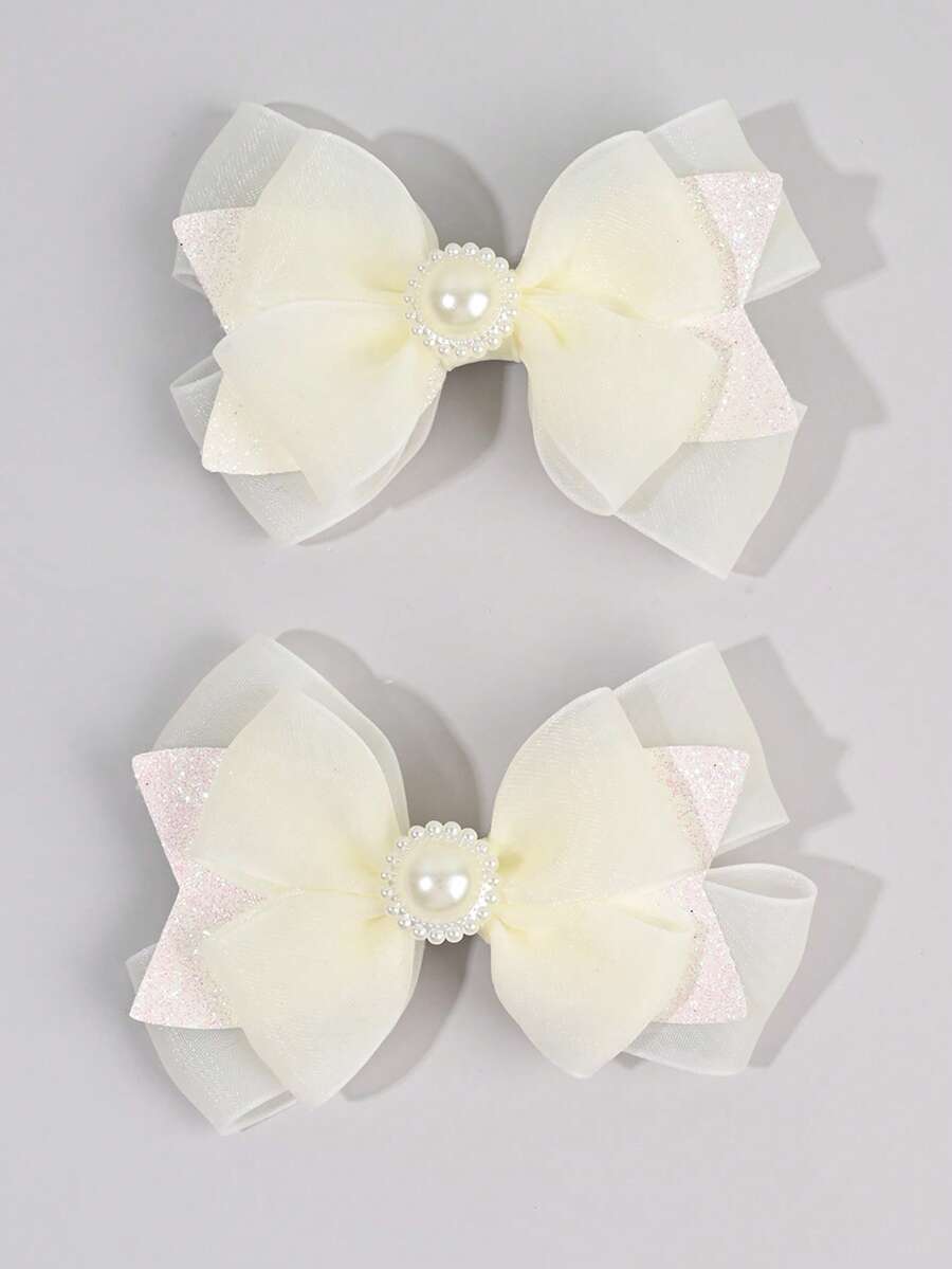 2pcs Solid Color White Hair Bows For Girls,Mesh Glitter Pearl Decor Hair Clips For Kids,Fashion Pearl Hair Accessories For Toddlers Gifts - White - View 1