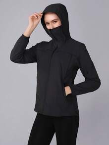 新款轻便纯色女式夹克，春夏款，带帽，适合户外骑行、钓鱼、露营、海滩、休闲户外及日常穿着，黑色连帽夹克，轻便，双向拉链，带多个口袋方便收纳物品，徒步夹克 - 黑色 - 查看 2