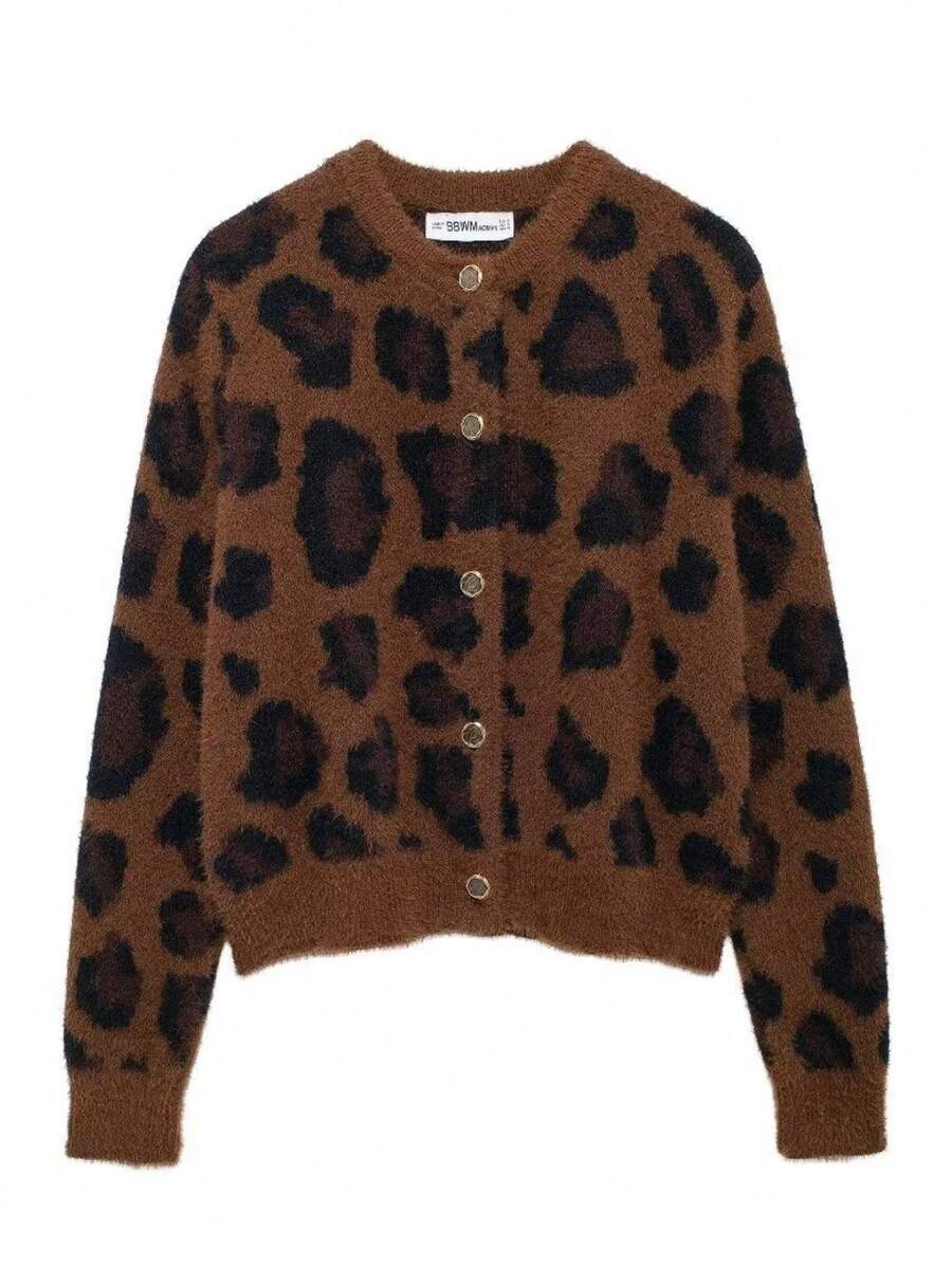 Sudadera de cuello redondo para mujer tejido de punto suéter abierto estilo europeo y americano ropa de moda prenda interior - Marrón - Ver 1