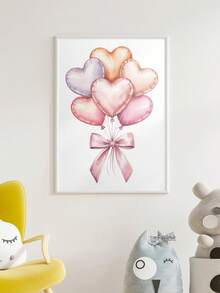 1pc Canvas Wall Art - Heart-Shaped Balloon Gouache Painting - Soft Valentine's Day Printable Pastel Painting, Baby Goods_ Framed Nursery Wall Art Perfect For Playroom Decor Nursery Decor, Playroom Decor, Preschool Decor, Boy's Room Decor Girl's Bedroom Decor Valentine's Day