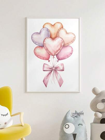 1pc Canvas Wall Art - Heart-Shaped Balloon Gouache Painting - Soft Valentine's Day Printable Pastel Painting, Baby Goods_ Framed Nursery Wall Art Perfect For Playroom Decor Nursery Decor, Playroom Decor, Preschool Decor, Boy's Room Decor Girl's Bedroom Decor Valentine's Day
