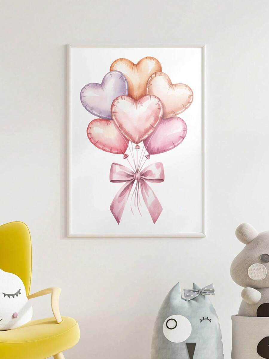 1pc Canvas Wall Art - Heart-Shaped Balloon Gouache Painting - Soft Valentine's Day Printable Pastel Painting, Baby Goods_ Framed Nursery Wall Art Perfect For Playroom Decor Nursery Decor, Playroom Decor, Preschool Decor, Boy's Room Decor Girl's Bedroom Decor Valentine's Day