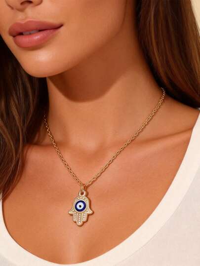 1pc Fashionable Sexy Vintage Minimalist Oil Drop Devil's Eye Palm Pendant Necklace, Suitable For Women's Daily Casual, Party, Music Festival, Vacation, Perfect Gift For Valentine's Day, Holiday (Gift Card Packaging)