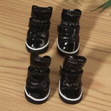 4pcs/Set Pet Waterproof Leather Snow Boots, Anti-Slip Warm Lining Adjustable Strap Suitable For Small Dogs In Winter - Black - View 16