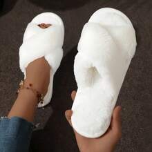 Women's Crossed Strap Fluffy Slippers, Soft And Warm Furry Home Shoes With Open Toe And Comfortable Outdoor Wear, Breathable - trắng - Xem 3
