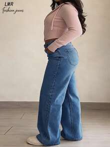 Quần jeans nữ dáng suông, cạp trung, dáng rộng, cơ bản, tối giản, thoải mái và đa năng cho trang phục đường phố hàng ngày. - Rửa tối - Xem 6