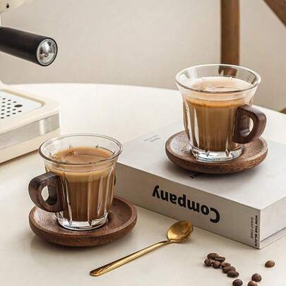 1 套创意玻璃咖啡杯，高端精致美式咖啡萃取杯，家用咖啡/茶杯，男女通用，木柄杯配圆形木碟，适用于餐厅、咖啡馆、办公室、甜品店等场合。