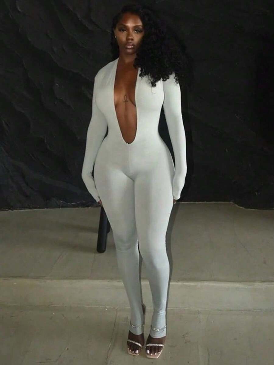 Women's Fashion Sexy Backless Deep V Long-Sleeved Solid Color Tight Jumpsuit - Xám - Xem 1
