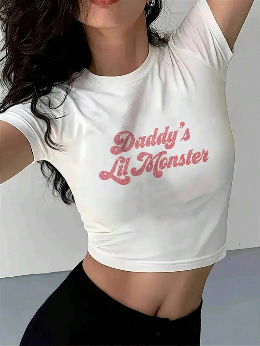 Women's Y2K Daddy's Little Monster Short T-Shirt - White & Pink Cursive "Daddy's" & "Monster" Lettering, Slim Fit Cropped Top, Short Sleeve Round Neck Casual Summer Outfits For Matching Parent & Outfits - 白色 - 查看 1
