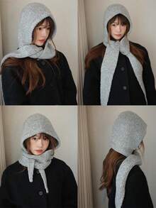 1件装女士休闲纯色麻花针织纹理保暖防风蓬松加厚连帽围巾围脖，适合约会、日常穿着、购物、旅行、搭配 - A - 查看 3