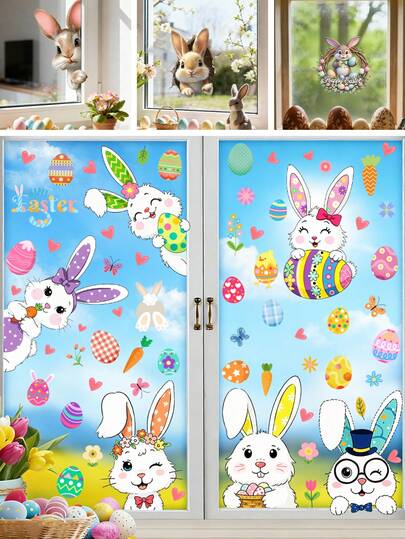 BRUP 1/6sheets/Set Easter Bunny Window Stickers With Easter Egg And Floral Patterns, Kids Room Decorations, Suitable For Nursery And Baby Room Decorations, Cute Animal Wall Art