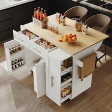 Modern Kitchen Island Table, Kitchen Cabinet, Self-Service Cabinet, Grained Wood Dining Cart, Multifunctional Dining Table With Storage Space, Dining Cart With Snack Holder And Extendable Functional Cabinet, White - White - View 3